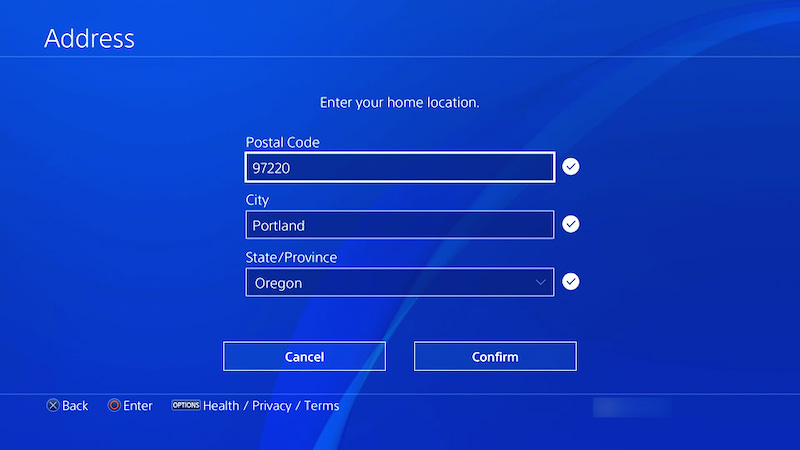 PS4北米アカウントの住所画面